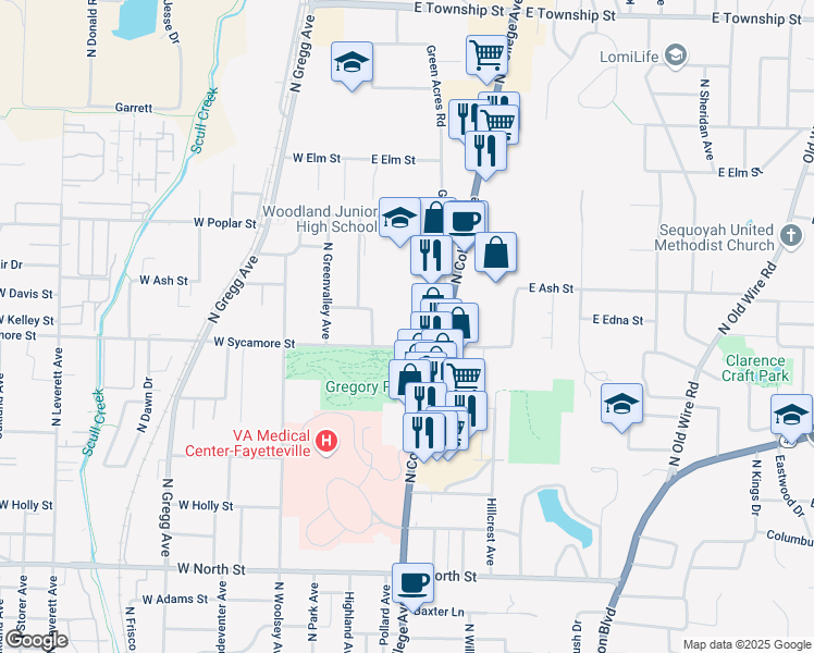 map of restaurants, bars, coffee shops, grocery stores, and more near 1747 North College Avenue in Fayetteville