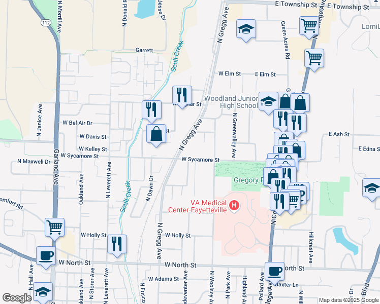 map of restaurants, bars, coffee shops, grocery stores, and more near 1740 North Gregg Avenue in Fayetteville