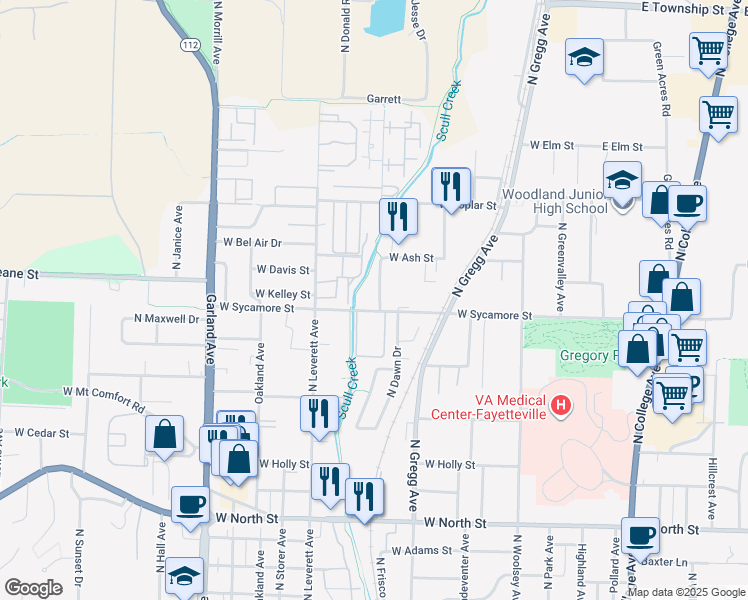 map of restaurants, bars, coffee shops, grocery stores, and more near 724 West Sycamore Street in Fayetteville