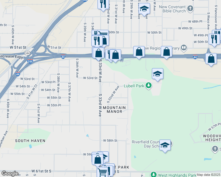 map of restaurants, bars, coffee shops, grocery stores, and more near 5310 South 32nd West Place in Tulsa