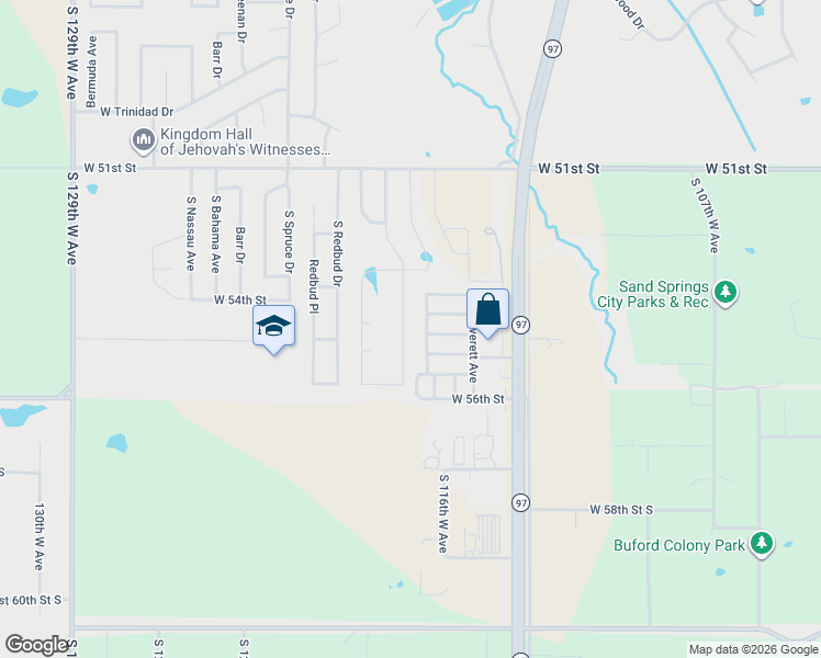 map of restaurants, bars, coffee shops, grocery stores, and more near 208 West 54th Street in Sand Springs