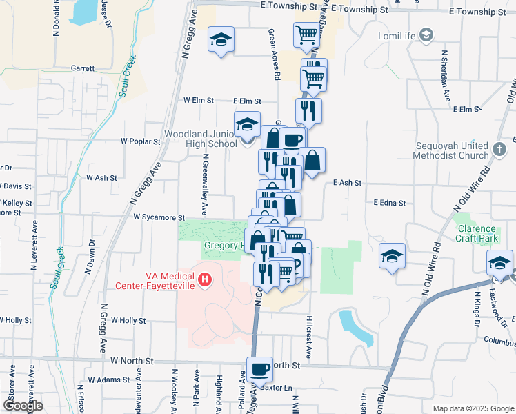 map of restaurants, bars, coffee shops, grocery stores, and more near 1747 North College Avenue in Fayetteville