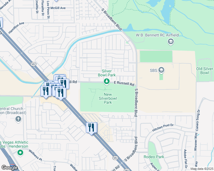map of restaurants, bars, coffee shops, grocery stores, and more near 6800 East Russell Road in Las Vegas
