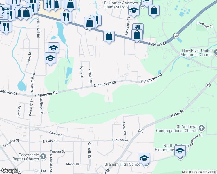 map of restaurants, bars, coffee shops, grocery stores, and more near 801 East Hanover Road in Graham