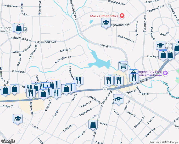 map of restaurants, bars, coffee shops, grocery stores, and more near 223 Shady Dr in Burlington