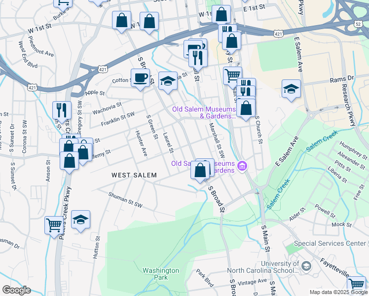 map of restaurants, bars, coffee shops, grocery stores, and more near 608 West Street in Winston Salem