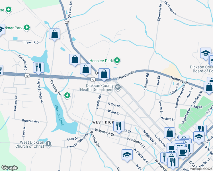 map of restaurants, bars, coffee shops, grocery stores, and more near 406 West End Avenue in Dickson