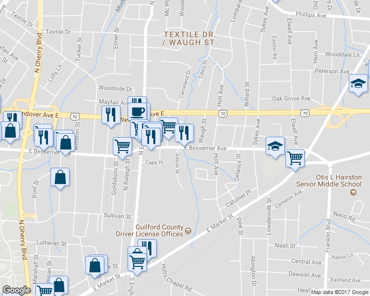 map of restaurants, bars, coffee shops, grocery stores, and more near 2602 East Bessemer Avenue in Greensboro