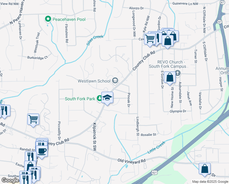 map of restaurants, bars, coffee shops, grocery stores, and more near 4330 Country Club Road in Winston-Salem