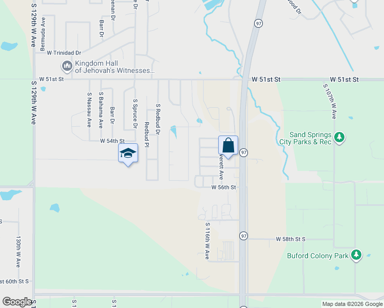 map of restaurants, bars, coffee shops, grocery stores, and more near 208 West 54th Street in Sand Springs