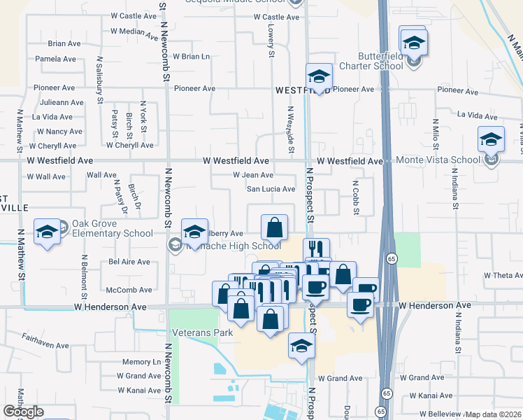 map of restaurants, bars, coffee shops, grocery stores, and more near 1350 West Monache Avenue in Porterville