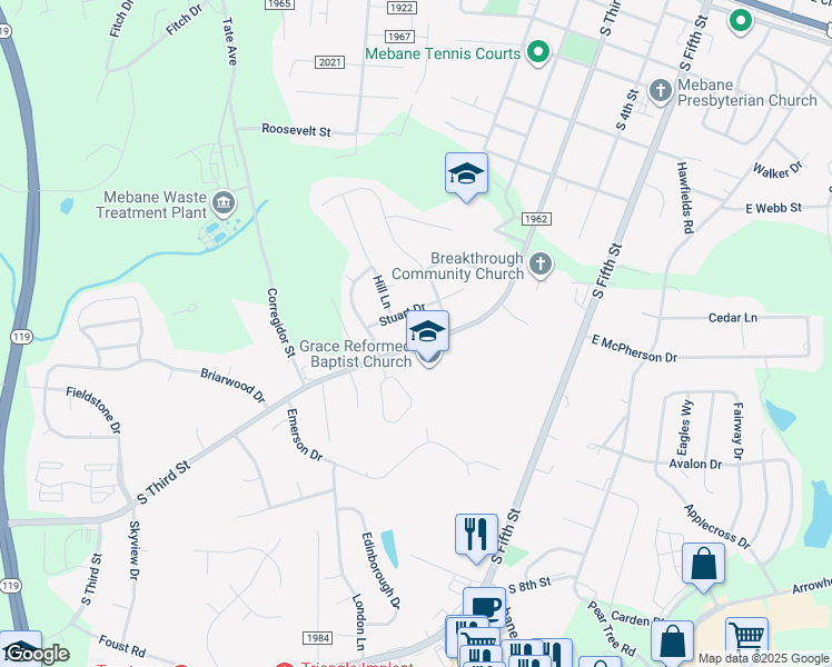 map of restaurants, bars, coffee shops, grocery stores, and more near 907 Stuart Drive in Mebane
