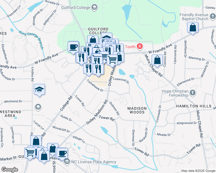 map of restaurants, bars, coffee shops, grocery stores, and more near 400 Dolley Madison Road in Greensboro