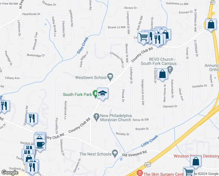 map of restaurants, bars, coffee shops, grocery stores, and more near 4330 Country Club Road in Winston-Salem