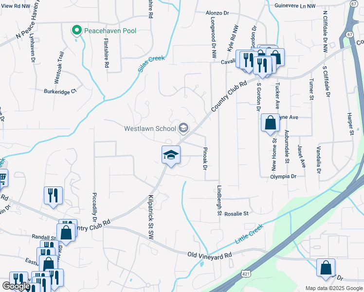 map of restaurants, bars, coffee shops, grocery stores, and more near 4330 Country Club Road in Winston-Salem