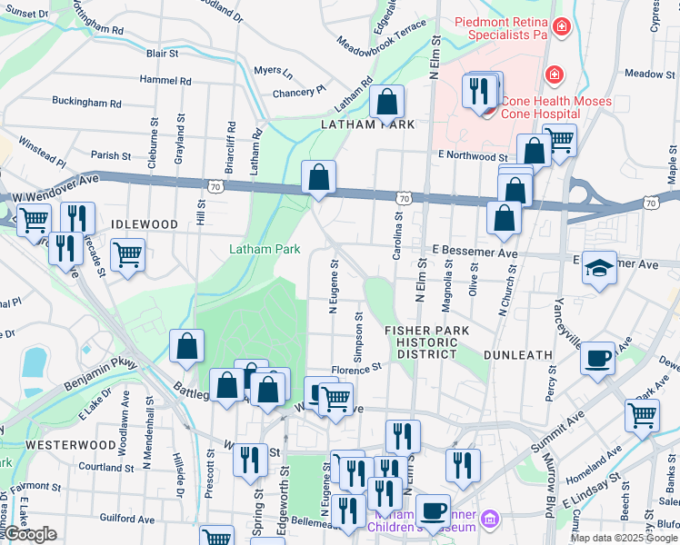 map of restaurants, bars, coffee shops, grocery stores, and more near 1014 North Eugene Street in Greensboro