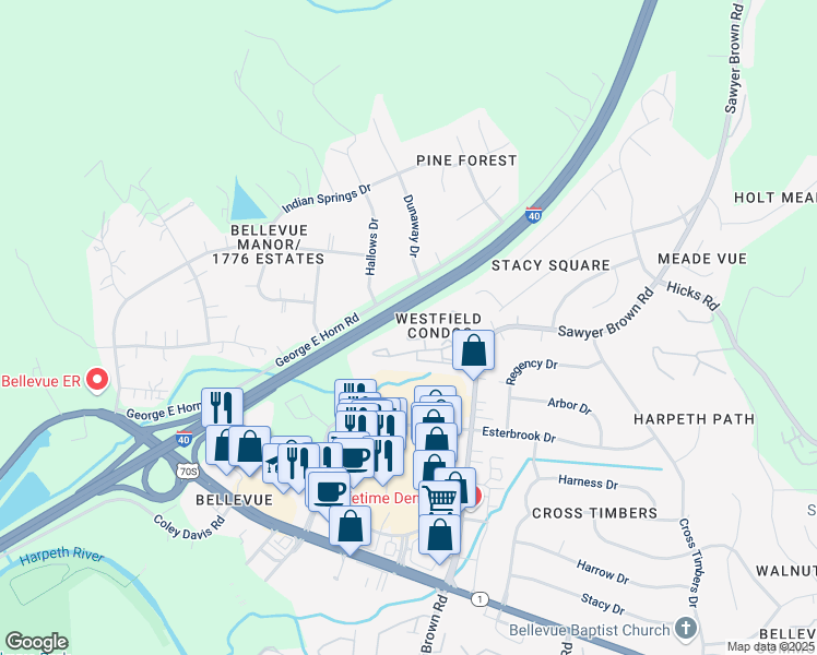 map of restaurants, bars, coffee shops, grocery stores, and more near 326 Westfield Drive in Nashville