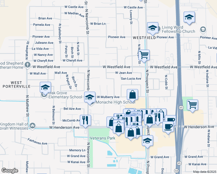 map of restaurants, bars, coffee shops, grocery stores, and more near 1068 Lindale Place in Porterville