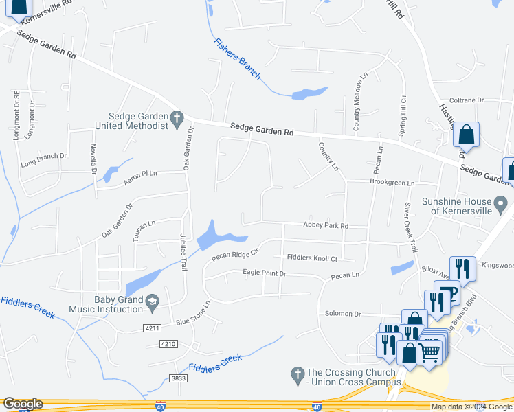 map of restaurants, bars, coffee shops, grocery stores, and more near 1562 Welford Drive in Kernersville