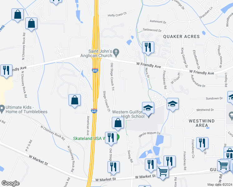 map of restaurants, bars, coffee shops, grocery stores, and more near 412 Stage Coach Trail in Greensboro