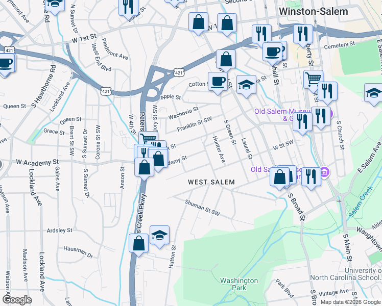 map of restaurants, bars, coffee shops, grocery stores, and more near 512 Granville Drive Southwest in Winston-Salem