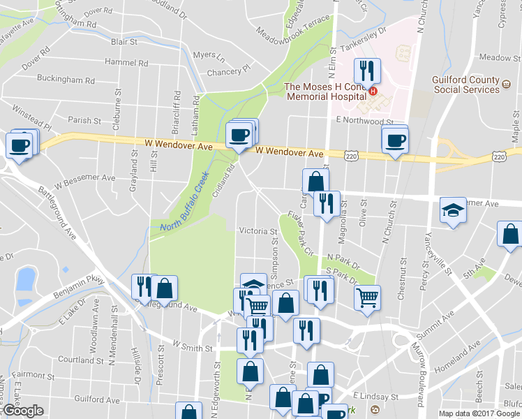 map of restaurants, bars, coffee shops, grocery stores, and more near 1014 North Eugene Street in Greensboro