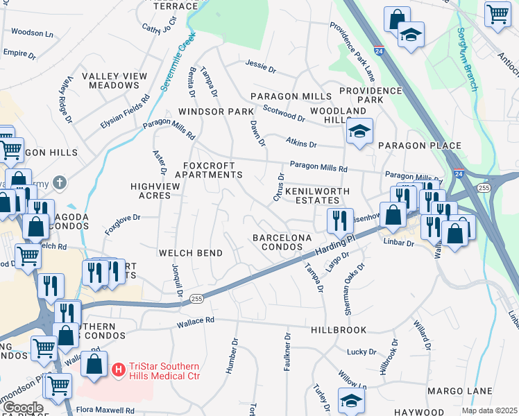 map of restaurants, bars, coffee shops, grocery stores, and more near 4900 Dolphin Drive in Nashville