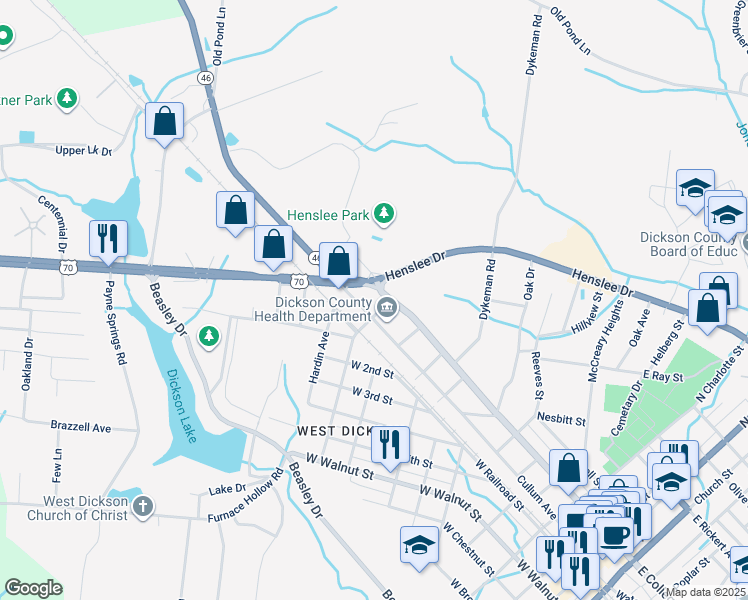 map of restaurants, bars, coffee shops, grocery stores, and more near 810 West College Street in Dickson