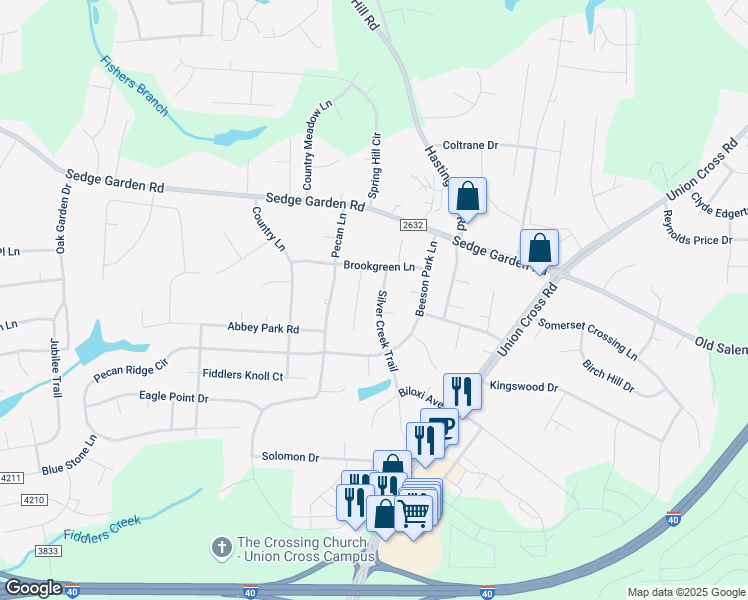 map of restaurants, bars, coffee shops, grocery stores, and more near 184 Silver Creek Trail in Kernersville