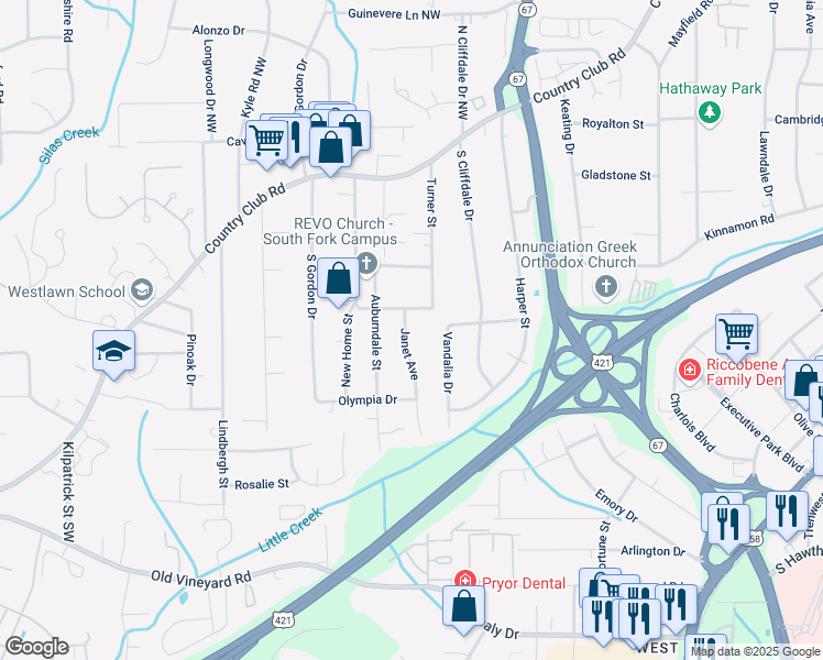 map of restaurants, bars, coffee shops, grocery stores, and more near 291 Janet Avenue in Winston-Salem