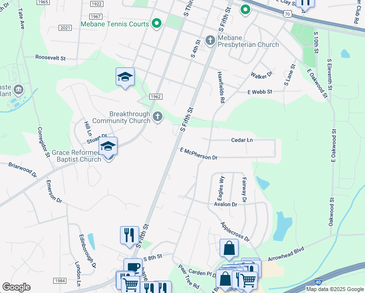 map of restaurants, bars, coffee shops, grocery stores, and more near 619 South Fifth Street in Mebane