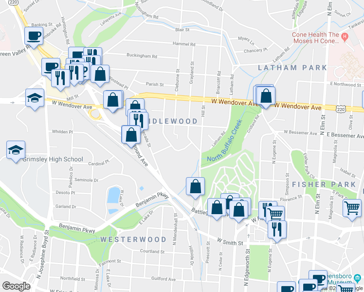 map of restaurants, bars, coffee shops, grocery stores, and more near 808 Idlewood Drive in Greensboro