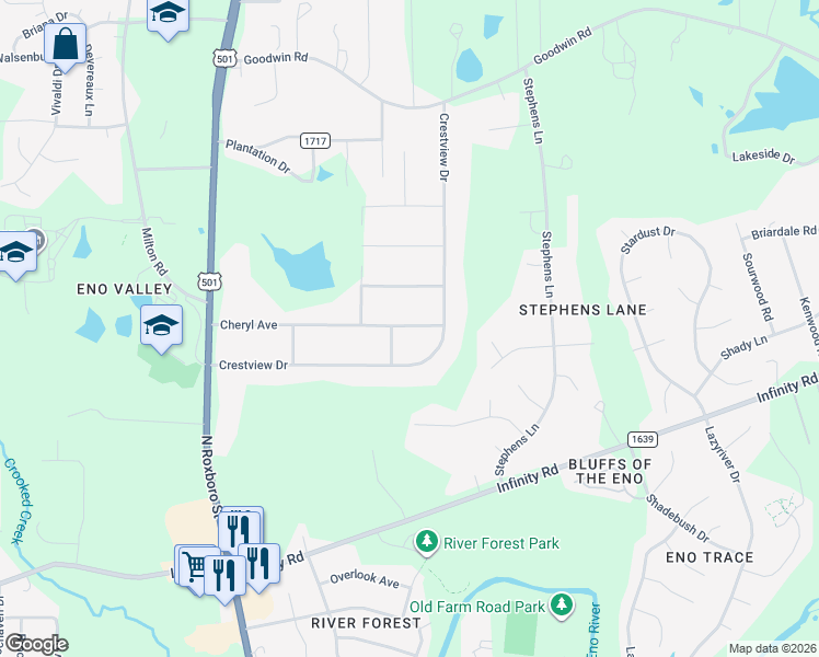 map of restaurants, bars, coffee shops, grocery stores, and more near 321 Cheryl Avenue in Durham