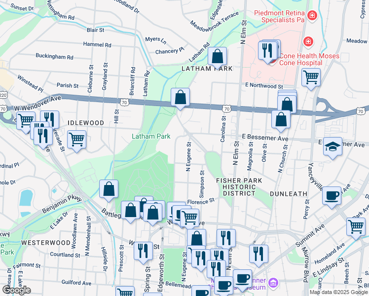 map of restaurants, bars, coffee shops, grocery stores, and more near 409 West Bessemer Avenue in Greensboro