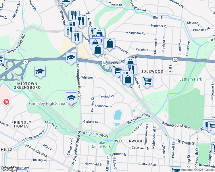 map of restaurants, bars, coffee shops, grocery stores, and more near 1402 Whilden Place in Greensboro