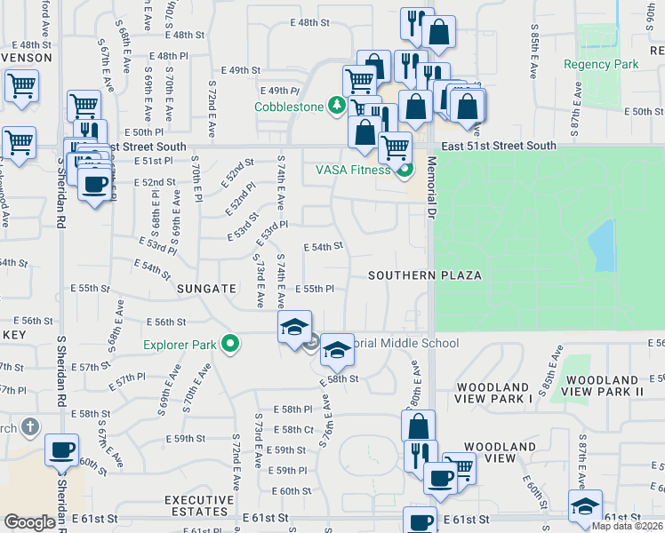 map of restaurants, bars, coffee shops, grocery stores, and more near 7509 East 55th Street in Tulsa