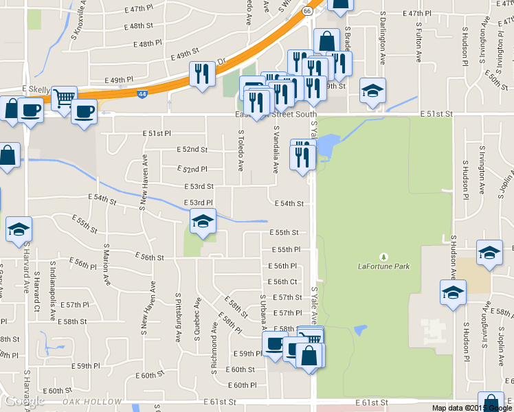 map of restaurants, bars, coffee shops, grocery stores, and more near 4704 East 54th Street in Tulsa