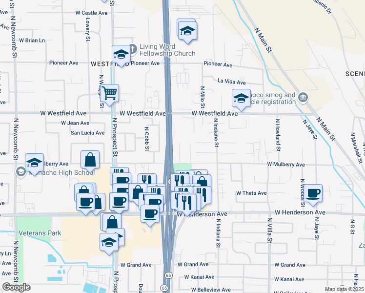 map of restaurants, bars, coffee shops, grocery stores, and more near 1070 Stonegate Cove Drive in Porterville