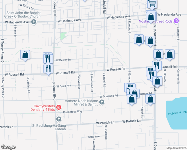 map of restaurants, bars, coffee shops, grocery stores, and more near 5785 West Russell Road in Las Vegas