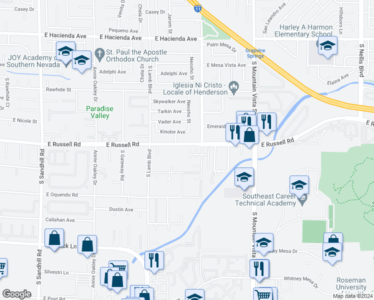map of restaurants, bars, coffee shops, grocery stores, and more near 5715 Kevin Winters Street in Las Vegas