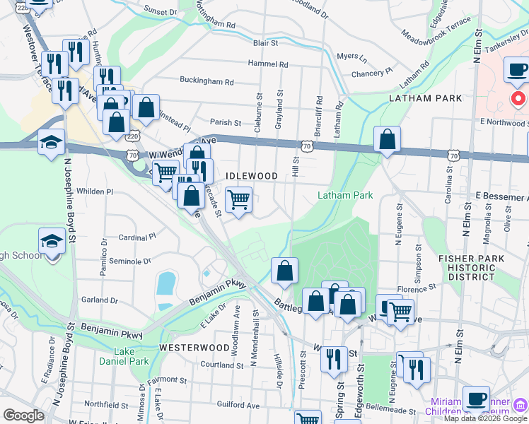 map of restaurants, bars, coffee shops, grocery stores, and more near 806 Idlewood Drive in Greensboro