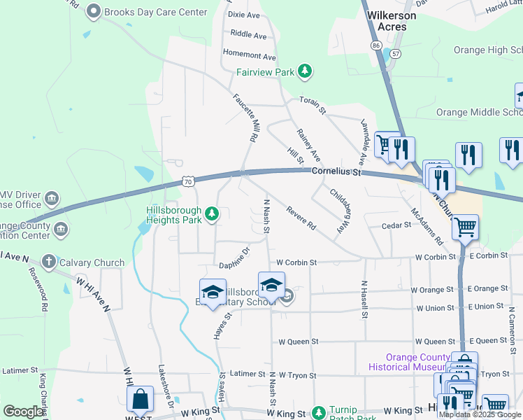 map of restaurants, bars, coffee shops, grocery stores, and more near 564 North Nash Street in Hillsborough