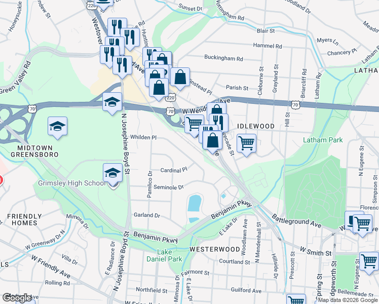 map of restaurants, bars, coffee shops, grocery stores, and more near 1305 Battleground Avenue in Greensboro