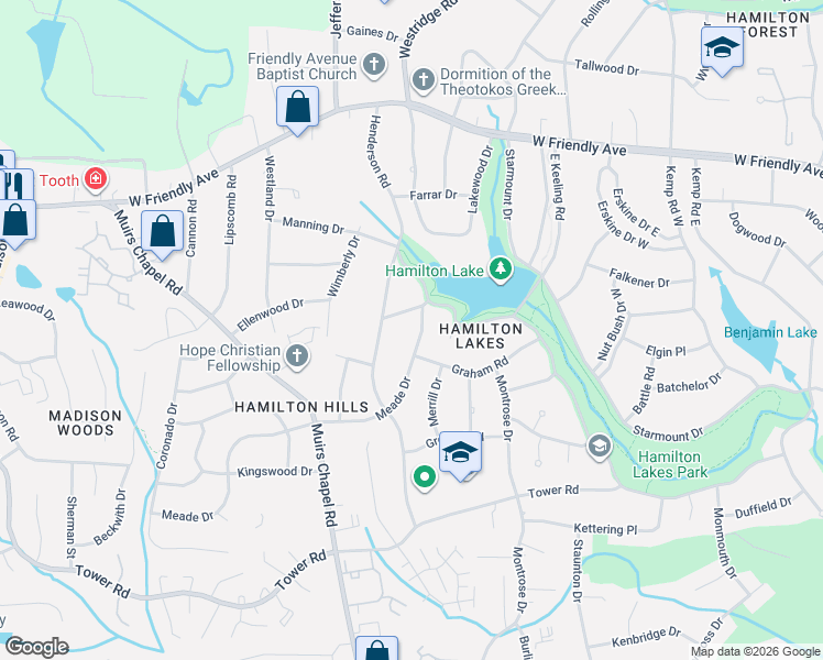 map of restaurants, bars, coffee shops, grocery stores, and more near 105 Leonard Drive in Greensboro