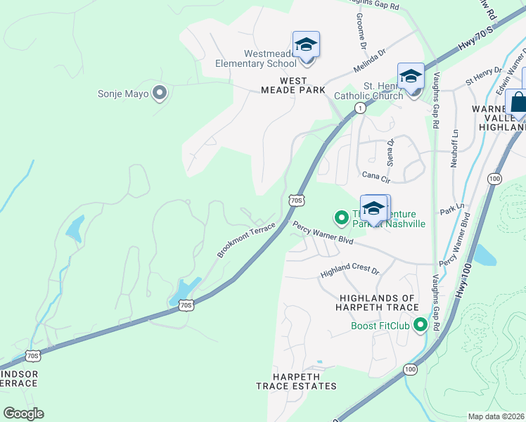 map of restaurants, bars, coffee shops, grocery stores, and more near 6666 Brookmont Terrace in Nashville