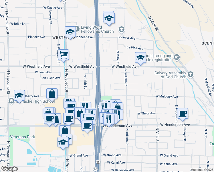 map of restaurants, bars, coffee shops, grocery stores, and more near 1060 Stonegate Cove Drive in Porterville