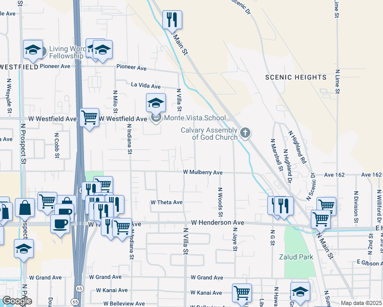 map of restaurants, bars, coffee shops, grocery stores, and more near 1067 North Howland Street in Porterville