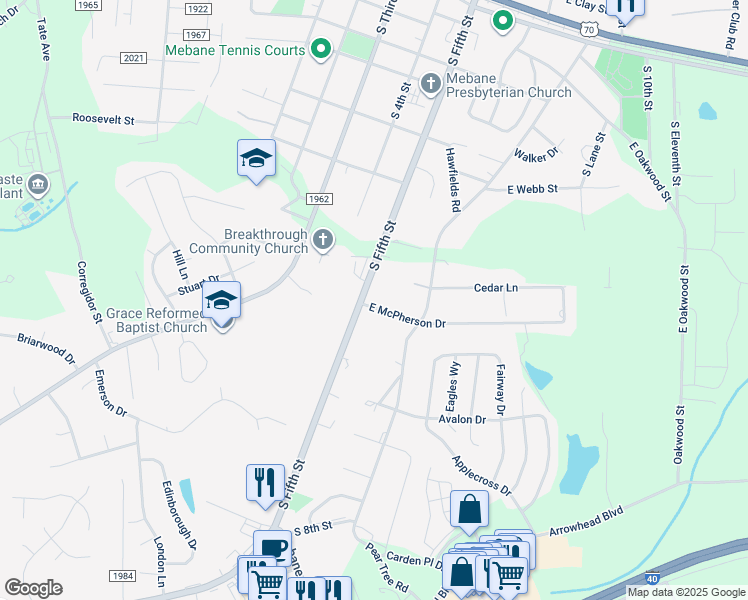 map of restaurants, bars, coffee shops, grocery stores, and more near 619 South Fifth Street in Mebane