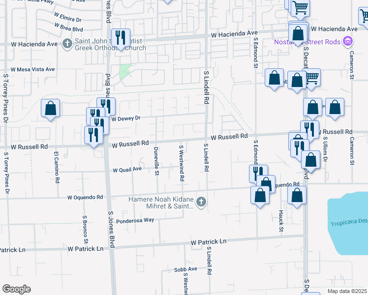 map of restaurants, bars, coffee shops, grocery stores, and more near 5785 West Russell Road in Las Vegas