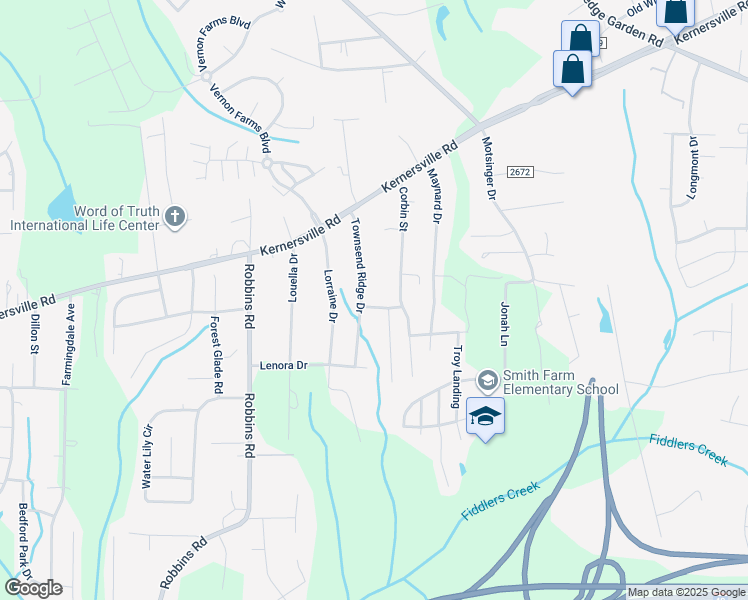 map of restaurants, bars, coffee shops, grocery stores, and more near 4025 Millers Ridge Lane in Winston-Salem